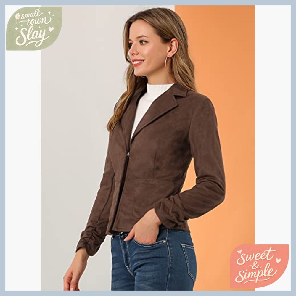 Faux Suede Blazer with Ruched Sleeves, Lapel Collar, Office Work Jacket - Picture 4 of 6